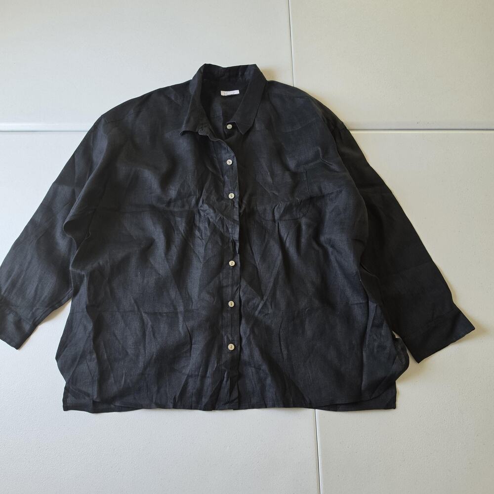 J.Jill Button Up Shirt Womens XL Petite Black Linen Collared Long Sleeve